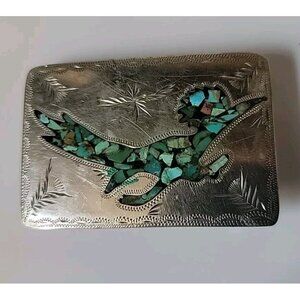 Vintage Native American Turquoise Chip Belt Buckle Sterling Silver Roadrunner